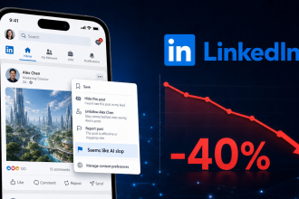 Concept : bouton LinkedIn « Seems like AI slop » dans le menu d'un post, avec graphique en baisse montrant la portée des contenus IA amputée de 40 %