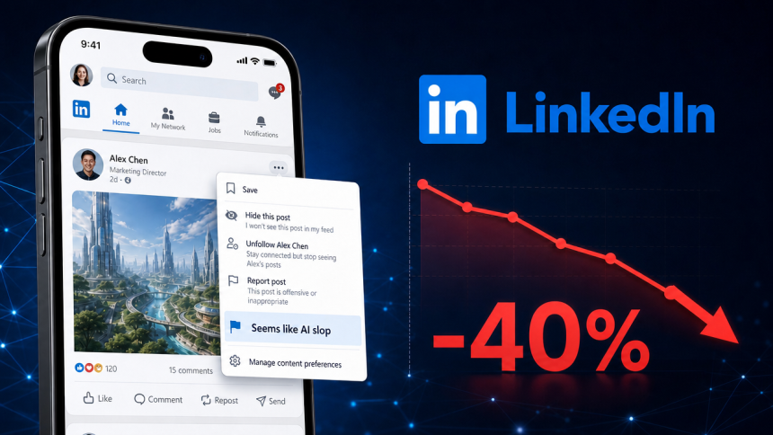 Concept : bouton LinkedIn « Seems like AI slop » dans le menu d'un post, avec graphique en baisse montrant la portée des contenus IA amputée de 40 %