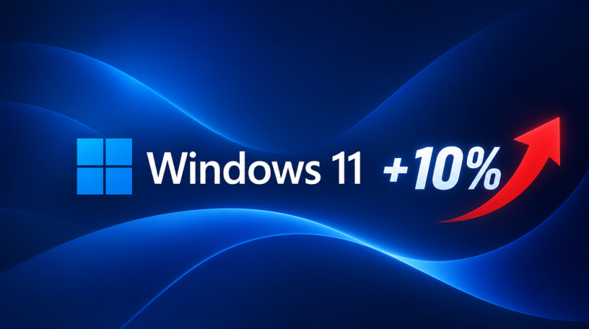 Logo Windows 11 avec indicateur +10% et flèche rouge montante, illustrant la hausse des frais de licence