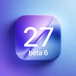 Concept iOS 27 bêta 6 : grand carré glassmorphism centré avec le chiffre « 27 » et « bêta 6 » en dessous, sur fond dégradé indigo à cyan