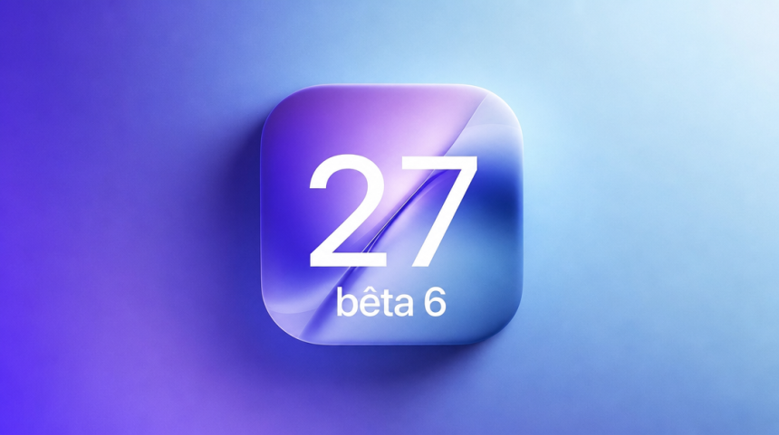 Concept iOS 27 bêta 6 : grand carré glassmorphism centré avec le chiffre « 27 » et « bêta 6 » en dessous, sur fond dégradé indigo à cyan