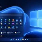 Concept Windows 11 : Taskbar centrée et menu Démarrer redessiné, logo officiel sur vagues bleues