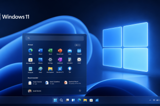 Concept Windows 11 : Taskbar centrée et menu Démarrer redessiné, logo officiel sur vagues bleues