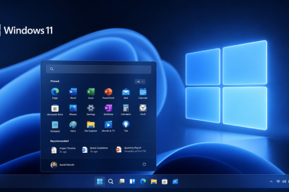 Concept Windows 11 : Taskbar centrée et menu Démarrer redessiné, logo officiel sur vagues bleues
