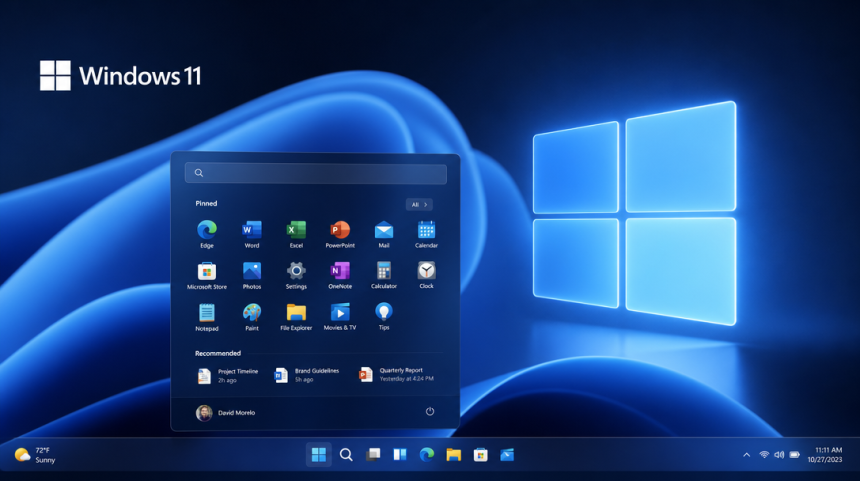 Concept Windows 11 : Taskbar centrée et menu Démarrer redessiné, logo officiel sur vagues bleues