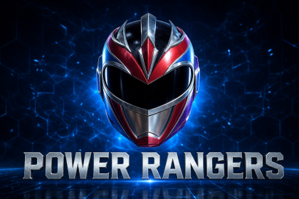 Casque Power Rangers sur fond techno bleu, rendu concept de la série live-action annulée par Disney+