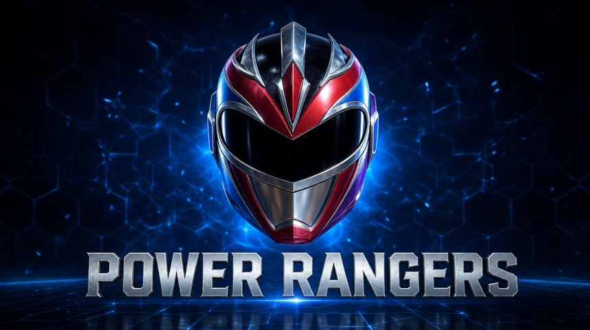 Casque Power Rangers sur fond techno bleu, rendu concept de la série live-action annulée par Disney+