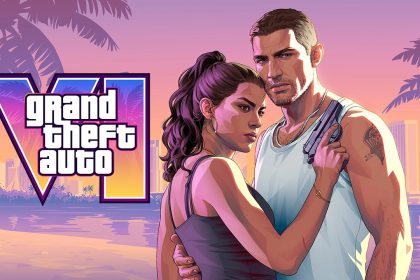 GTA 6, artwork officiel de Rockstar avec les protagonistes Jason et Lucia et le logo du jeu