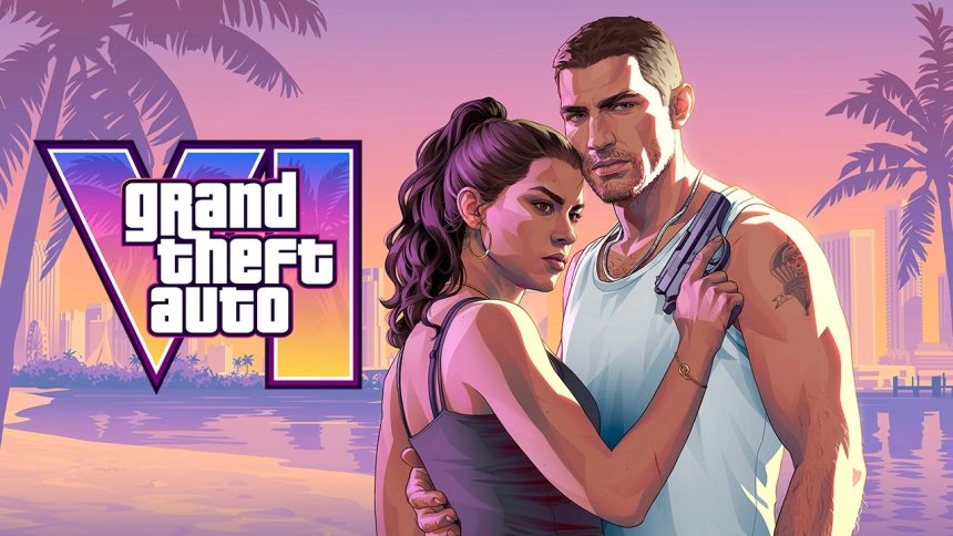 GTA 6, artwork officiel de Rockstar avec les protagonistes Jason et Lucia et le logo du jeu
