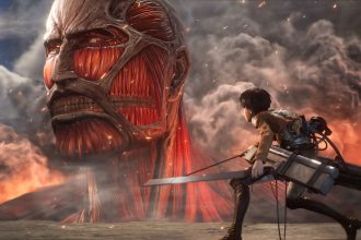 Art cinématique officiel d'Attack on Titan 3, Eren Yeager avec l'équipement tridimensionnel face au Titan Colossal, fumée et braises, Koei Tecmo