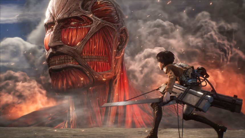 Art cinématique officiel d'Attack on Titan 3, Eren Yeager avec l'équipement tridimensionnel face au Titan Colossal, fumée et braises, Koei Tecmo