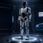 Robot humanoïde BYD Xiao Di en démonstration, fond avec logo BYD