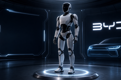 Robot humanoïde BYD Xiao Di en démonstration, fond avec logo BYD