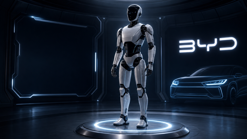 Robot humanoïde BYD Xiao Di en démonstration, fond avec logo BYD