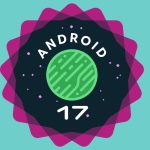 Logo officiel Android 17, badge violet avec tête du robot Android au centre, sur fond teal