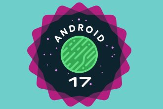 Logo officiel Android 17, badge violet avec tête du robot Android au centre, sur fond teal