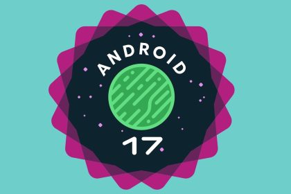 Logo officiel Android 17, badge violet avec tête du robot Android au centre, sur fond teal