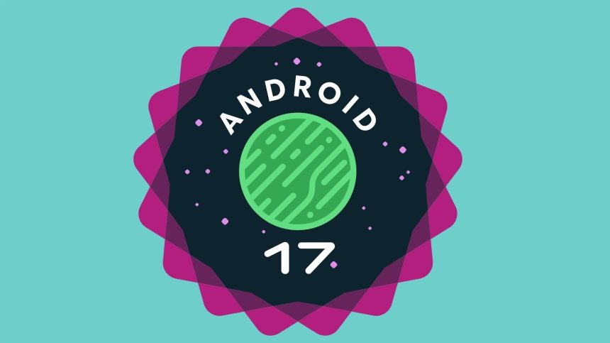 Logo officiel Android 17, badge violet avec tête du robot Android au centre, sur fond teal