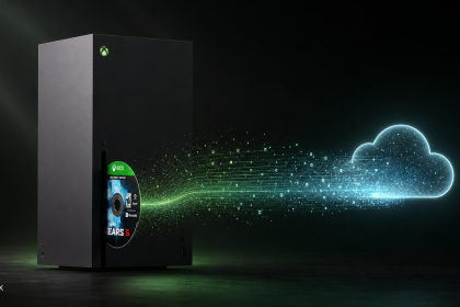 Rendu concept d'une Xbox Series X transformant un jeu physique sur disque en licence numérique dans un cloud, programme Disc-to-Digital