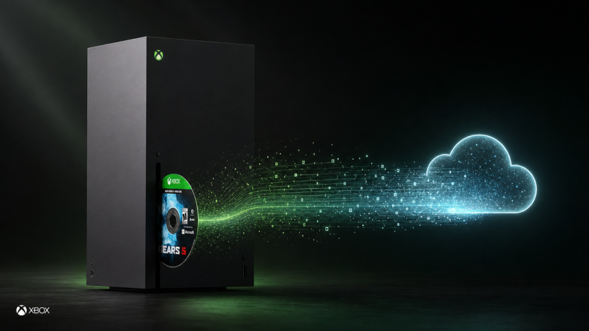 Rendu concept d'une Xbox Series X transformant un jeu physique sur disque en licence numérique dans un cloud, programme Disc-to-Digital