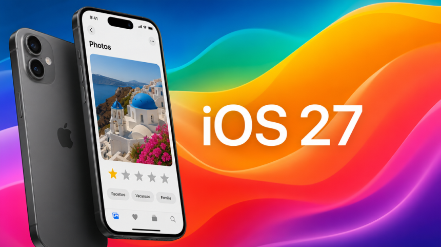 iPhone affichant l'app Photos d'iOS 27 avec les notes 5 étoiles et les mots-clés