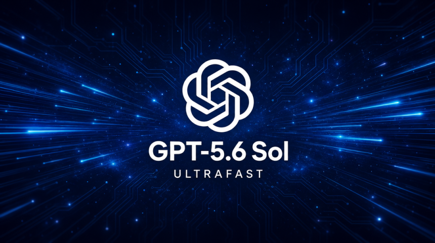 Logo OpenAI avec le nom du modèle GPT-5.6 Sol et son mode Ultrafast, concept sombre sur fond techno