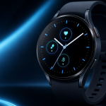 Montre connectée à cadran rond sur fond tech bleu sombre, Galaxy Watch 9