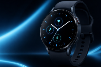 Montre connectée à cadran rond sur fond tech bleu sombre, Galaxy Watch 9