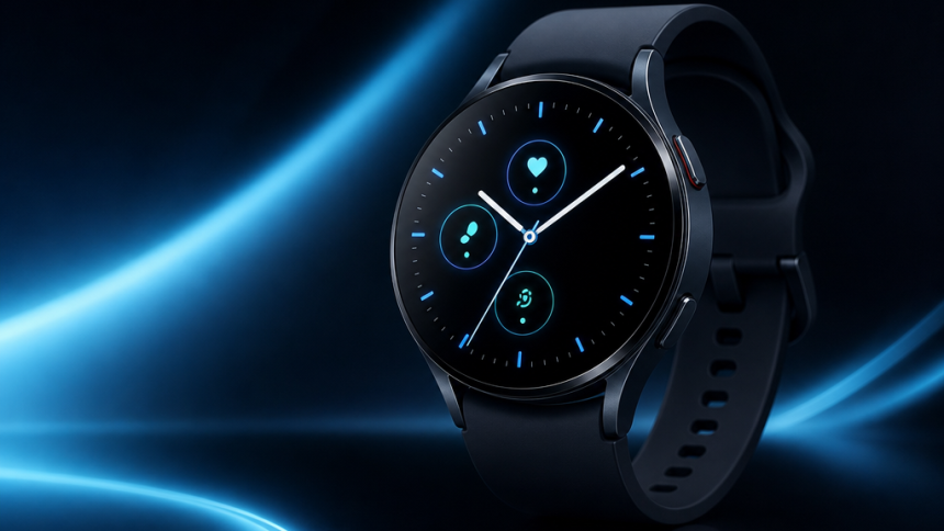 Montre connectée à cadran rond sur fond tech bleu sombre, Galaxy Watch 9