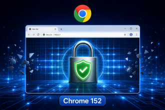 Illustration conceptuelle Chrome 152 : fenêtre navigateur avec cadenas et bouclier de sécurité, 327 correctifs dont 10 critiques