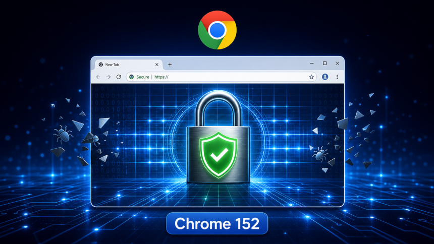 Illustration conceptuelle Chrome 152 : fenêtre navigateur avec cadenas et bouclier de sécurité, 327 correctifs dont 10 critiques