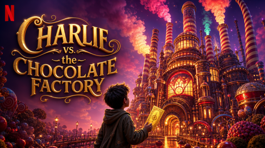 Key art concept de Charlie vs. the Chocolate Factory, le film d'animation Netflix de 2027 avec Taika Waititi en Willy Wonka