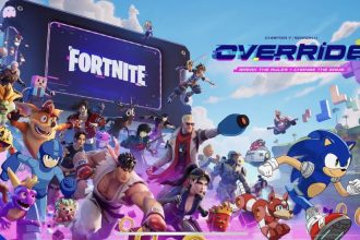 Key art officiel Fortnite Chapter 7 Season 4 Override : le cerf de 99 Nights in the Forest (Roblox) parmi les personnages Gaming Legends, avec le logo Fortnite
