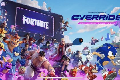 Key art officiel Fortnite Chapter 7 Season 4 Override : le cerf de 99 Nights in the Forest (Roblox) parmi les personnages Gaming Legends, avec le logo Fortnite