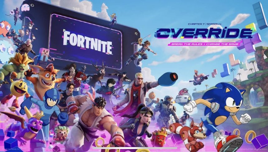 Key art officiel Fortnite Chapter 7 Season 4 Override : le cerf de 99 Nights in the Forest (Roblox) parmi les personnages Gaming Legends, avec le logo Fortnite