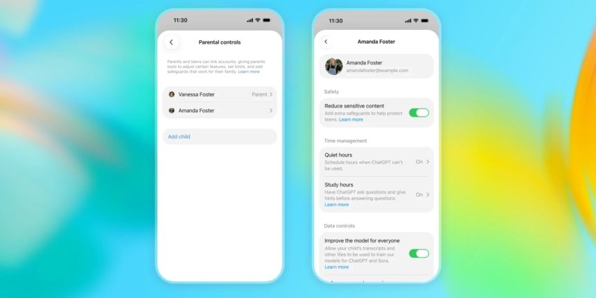 Visuel officiel OpenAI : contrôles parentaux de ChatGPT pour les 13-17 ans, avec comptes liés, Quiet hours et Study Mode