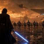 Concept art Star Wars Clone Wars live-action : un Jedi sabre laser bleu face aux troupes clone, croiseurs et chasseurs dans un ciel de bataille, rumeur de série