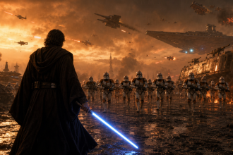 Concept art Star Wars Clone Wars live-action : un Jedi sabre laser bleu face aux troupes clone, croiseurs et chasseurs dans un ciel de bataille, rumeur de série