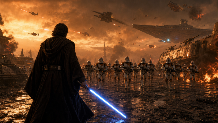 Concept art Star Wars Clone Wars live-action : un Jedi sabre laser bleu face aux troupes clone, croiseurs et chasseurs dans un ciel de bataille, rumeur de série