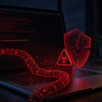 MacBook avec terminal infecté, malware et bouclier brisé, scène de cybersécurité — campagne ClickFix qui installe le voleur AMOS via de faux téléchargements OpenAI Codex sur macOS
