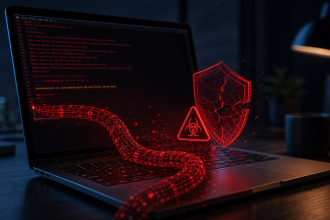 MacBook avec terminal infecté, malware et bouclier brisé, scène de cybersécurité — campagne ClickFix qui installe le voleur AMOS via de faux téléchargements OpenAI Codex sur macOS