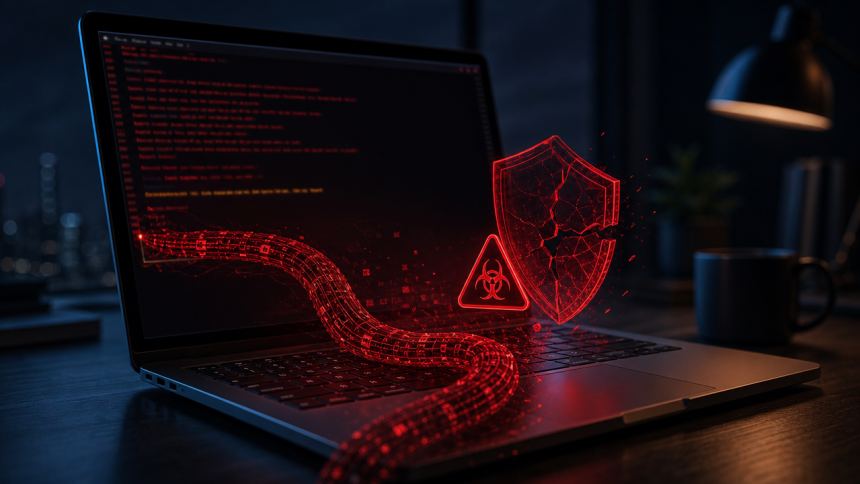 MacBook avec terminal infecté, malware et bouclier brisé, scène de cybersécurité — campagne ClickFix qui installe le voleur AMOS via de faux téléchargements OpenAI Codex sur macOS