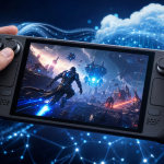 Steam Deck diffusant un jeu PlayStation en cloud gaming, concept