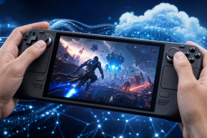 Steam Deck diffusant un jeu PlayStation en cloud gaming, concept