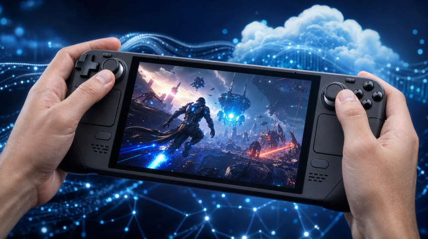 Steam Deck diffusant un jeu PlayStation en cloud gaming, concept