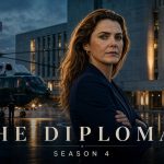 Affiche key art The Diplomat saison 4, teaser Netflix du 15 octobre 2026, Keri Russell en ambassadrice devant l'ambassade US et le Marine One