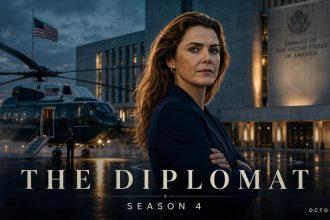 Affiche key art The Diplomat saison 4, teaser Netflix du 15 octobre 2026, Keri Russell en ambassadrice devant l'ambassade US et le Marine One