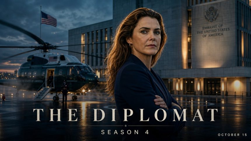 Affiche key art The Diplomat saison 4, teaser Netflix du 15 octobre 2026, Keri Russell en ambassadrice devant l'ambassade US et le Marine One