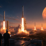 Concept éditorial : plusieurs fusées américaines décollent d'un complexe de lancement côtier au lever du soleil, voie lactée et Mars rougie dans le ciel, pour l'article sur la politique spatiale nationale NSPM-17 de Trump et l'objectif de 1 000 lancements par an