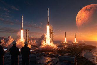 Concept éditorial : plusieurs fusées américaines décollent d'un complexe de lancement côtier au lever du soleil, voie lactée et Mars rougie dans le ciel, pour l'article sur la politique spatiale nationale NSPM-17 de Trump et l'objectif de 1 000 lancements par an